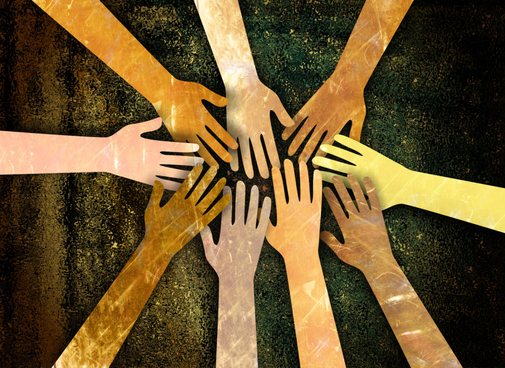 A Grunge Textured Digital Illustration Of A Group Of Diverse Hands